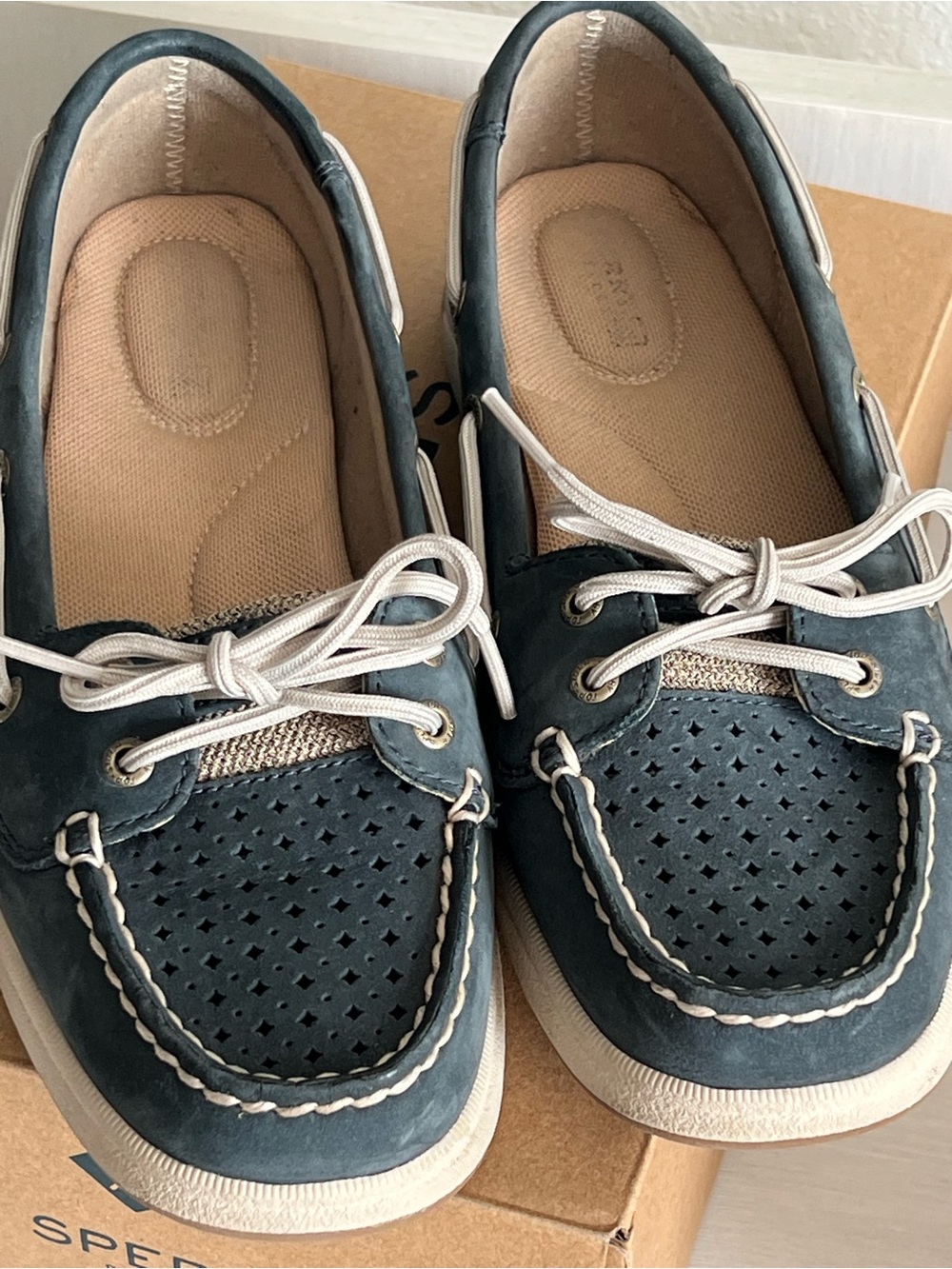 Sperry Kids Navy Blue Perforated Moccasins with White Laces